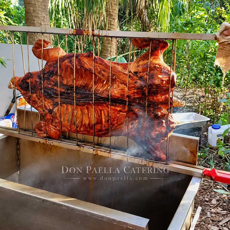 Roasted whole pig lifted on a rack above an outdoor roasting box