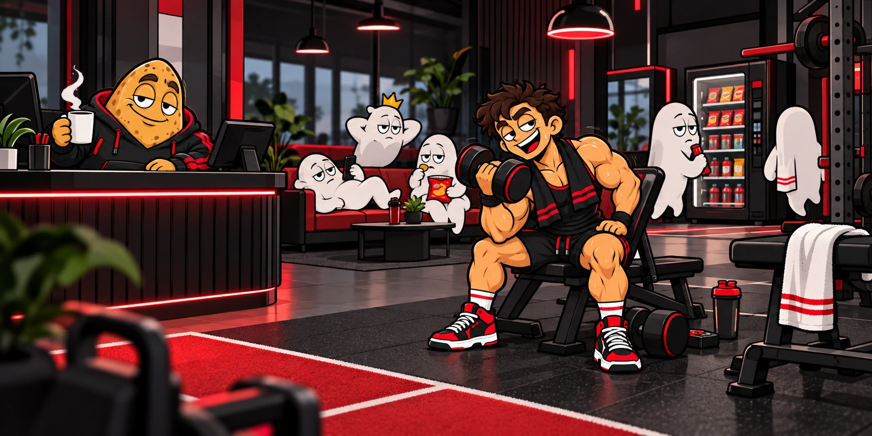 Een bijna lege sportschool: Coach Potato achter de balie, spookjes op de bank en één lid dat wel sport.
