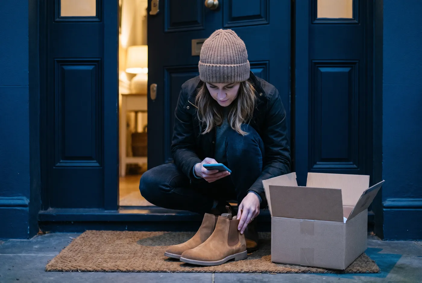 A customer scanning tan suede boots with her phone on her doorstep before sending them back