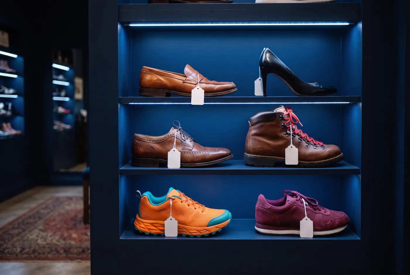 A resale boutique shelf with loafers, heels, hiking boots and colorful sneakers