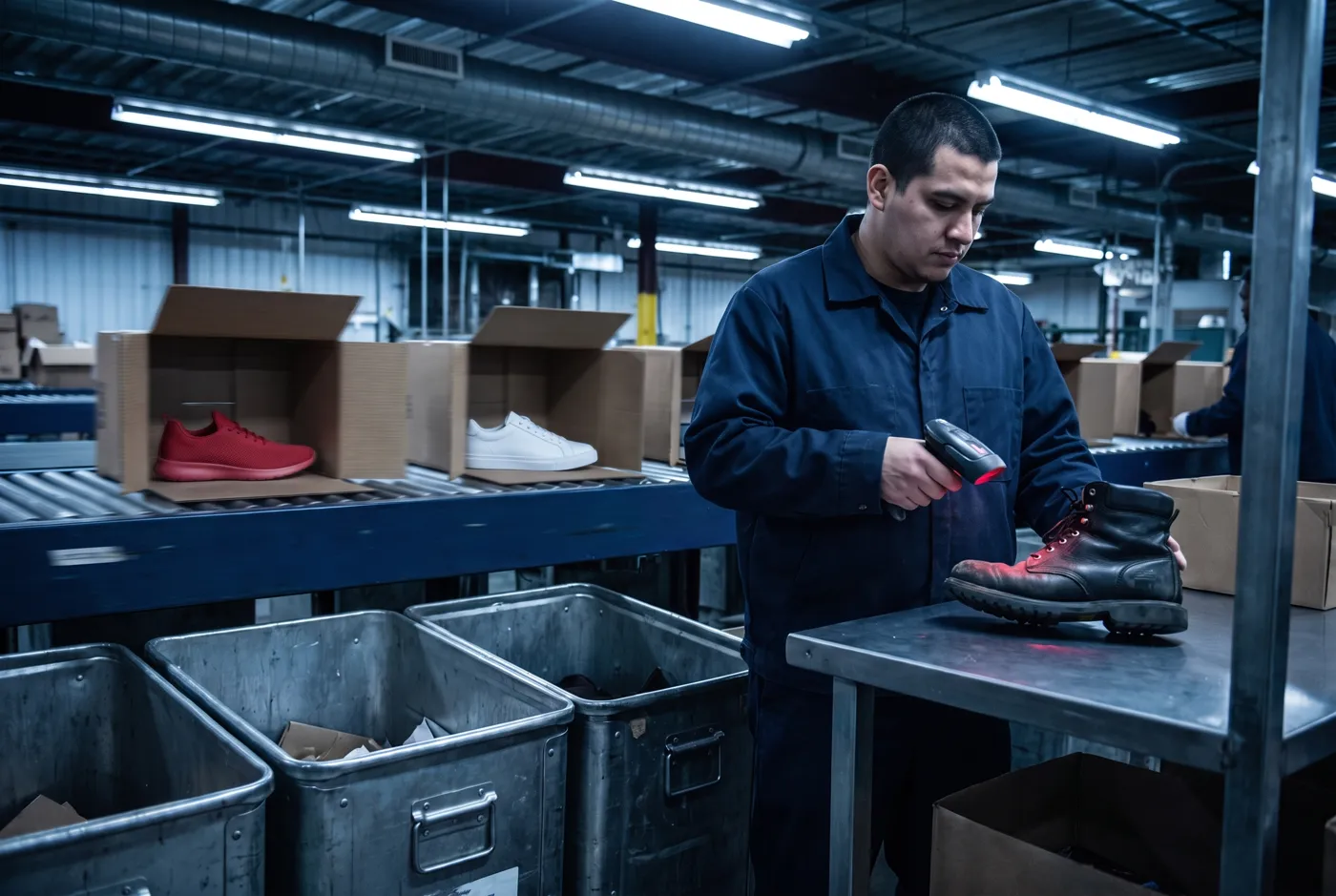A returns associate scanning a work boot at a sorting station