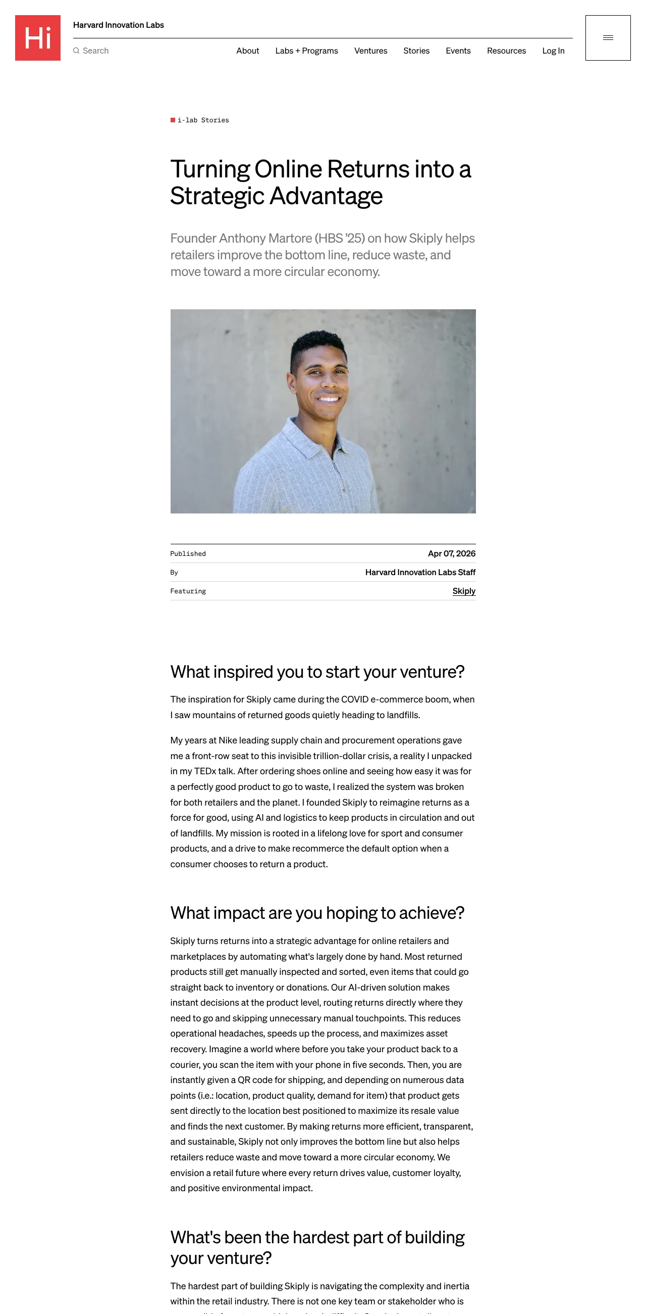 Harvard Innovation Labs article: Turning Online Returns into a Strategic Advantage, featuring Skiply founder Anthony Martore