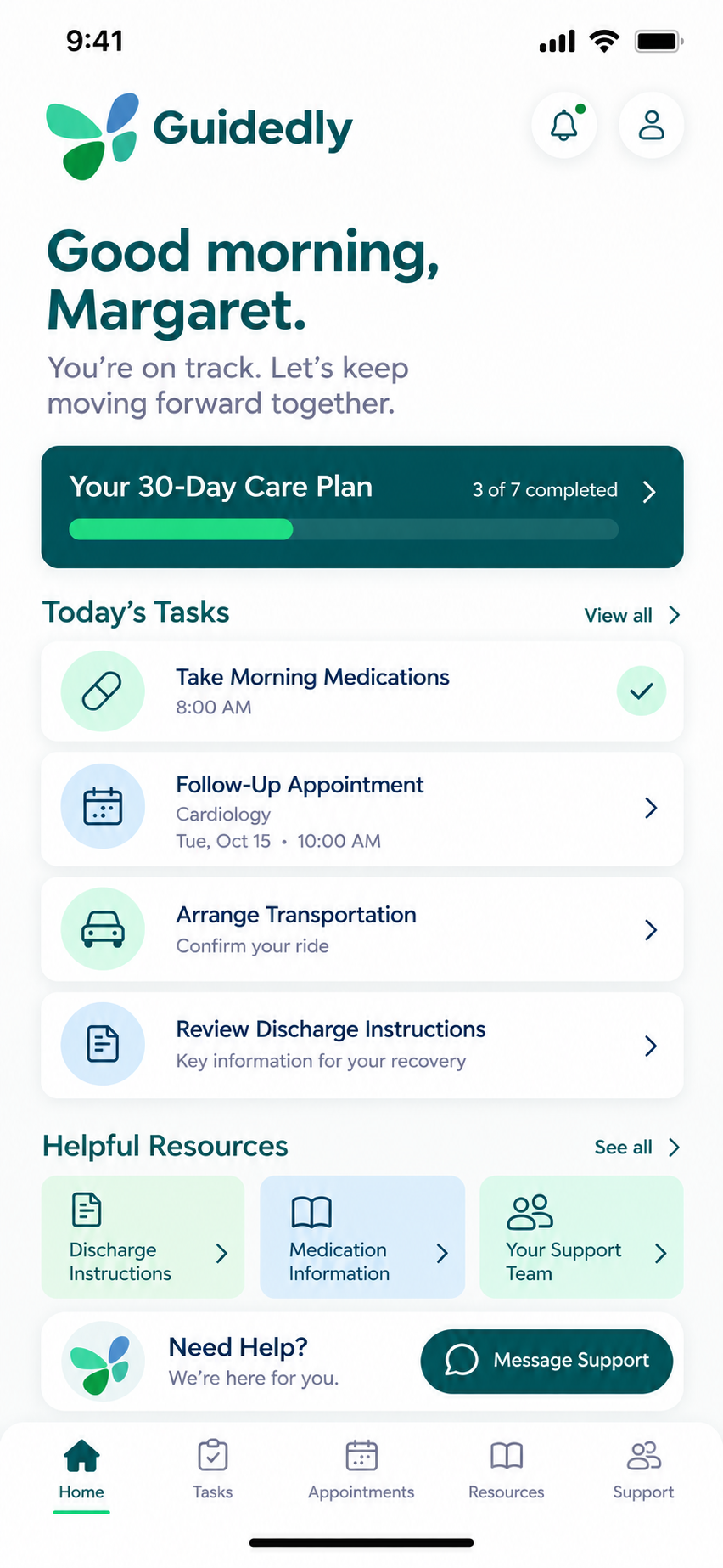 Guidedly patient experience concept showing care-plan tasks, follow-up appointments, resources, and support.