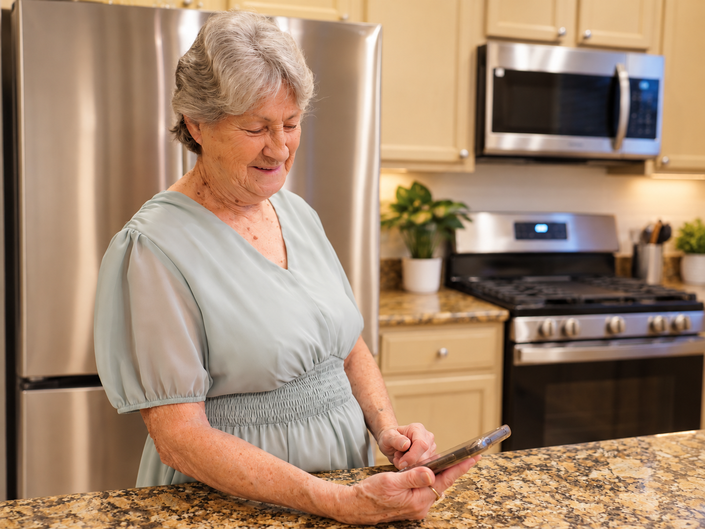 Older adult using a smartphone at home to navigate care-transition guidance.