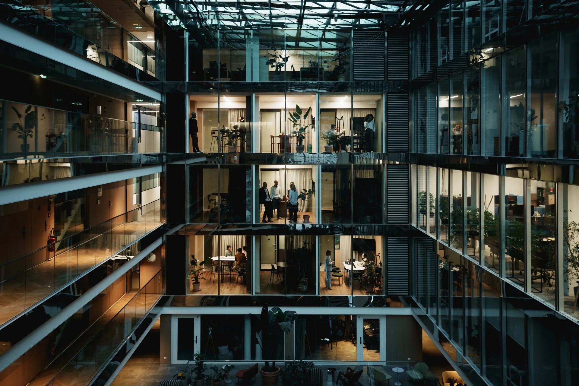 Modern office atrium with glass and steel architecture