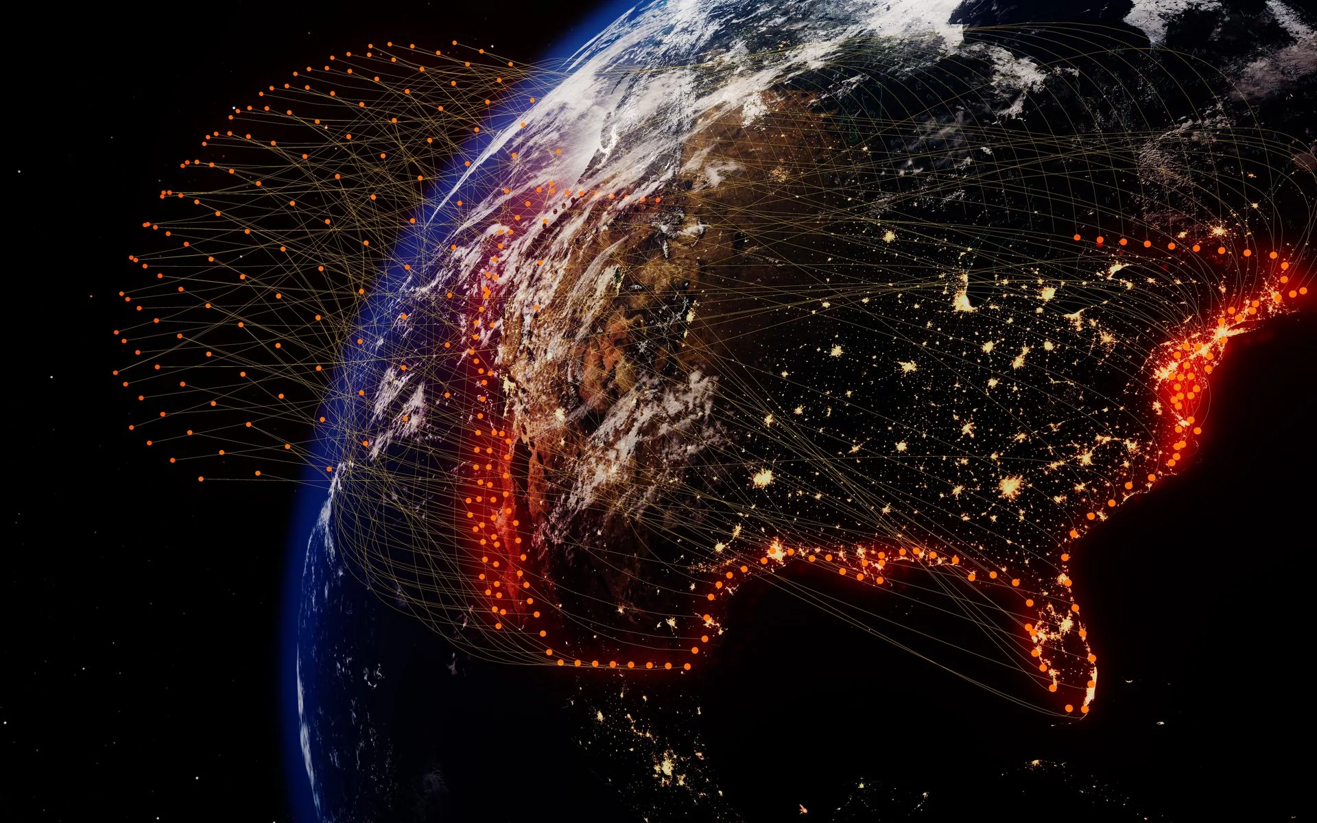 Earth at night with city lights across the United States