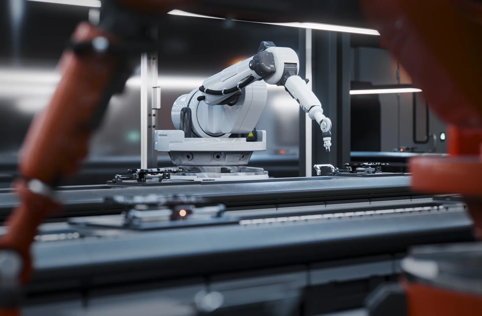 Industrial robotic arms operating on an advanced manufacturing line