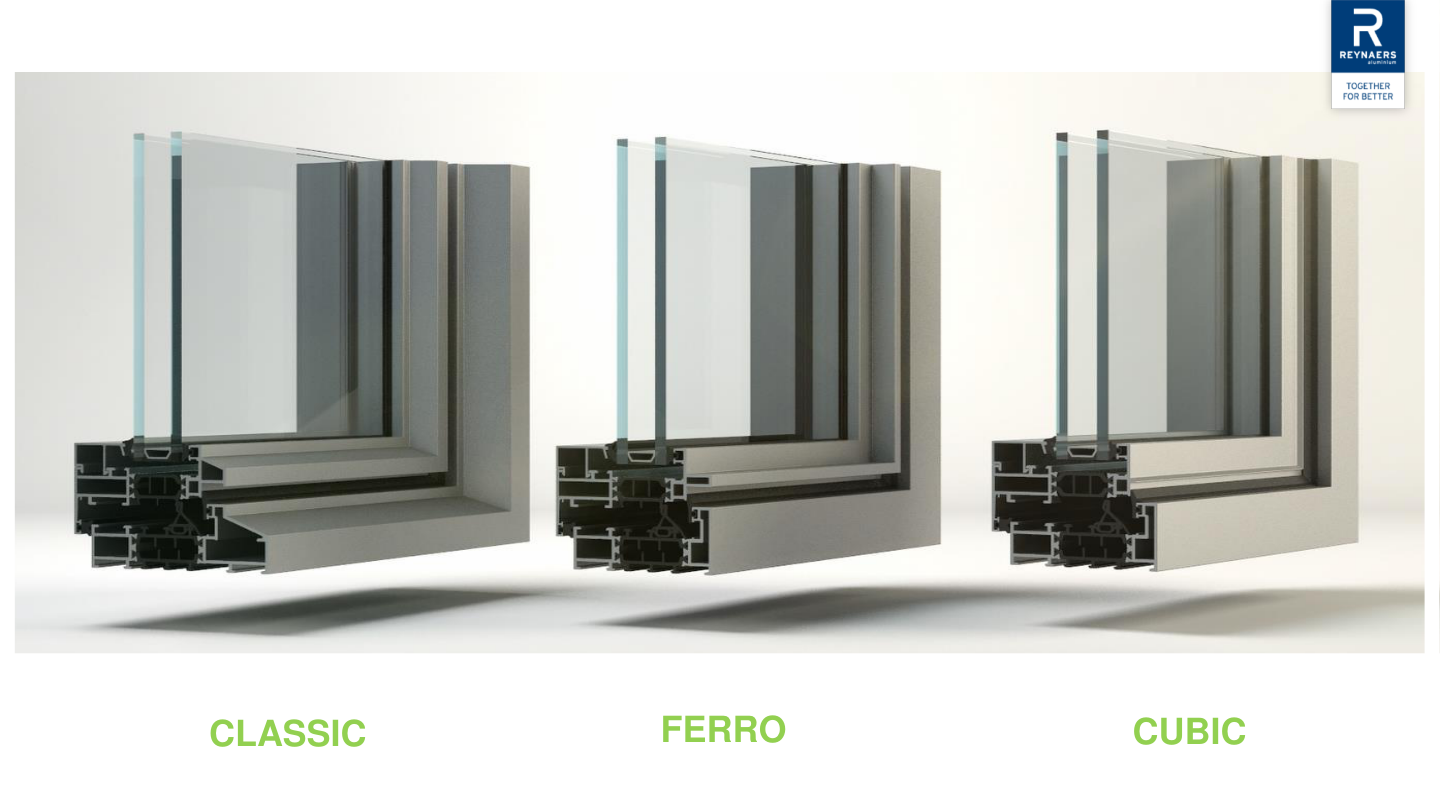 Reynaers SlimLine 38 aluminum window profiles in Classic, Ferro and Cubic styles shown side by side