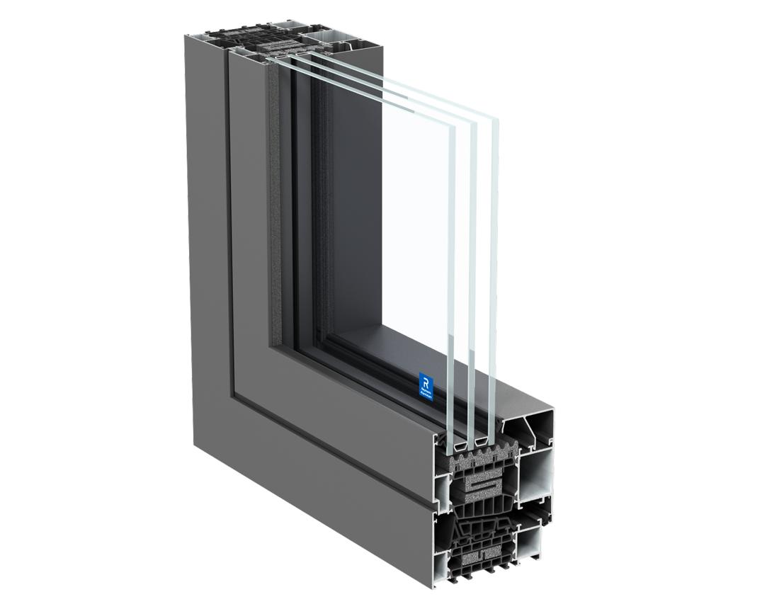 Reynaers MasterLine 10 aluminum window profile cutaway with triple glazing for Passive House projects