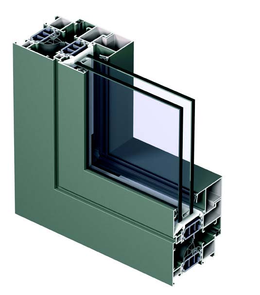 Reynaers ConceptSystem 77 aluminum window profile cutaway with green frame and insulated glazing