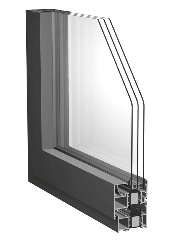 Westline WWN75 thermally insulated aluminum window profile cutaway with triple glazing