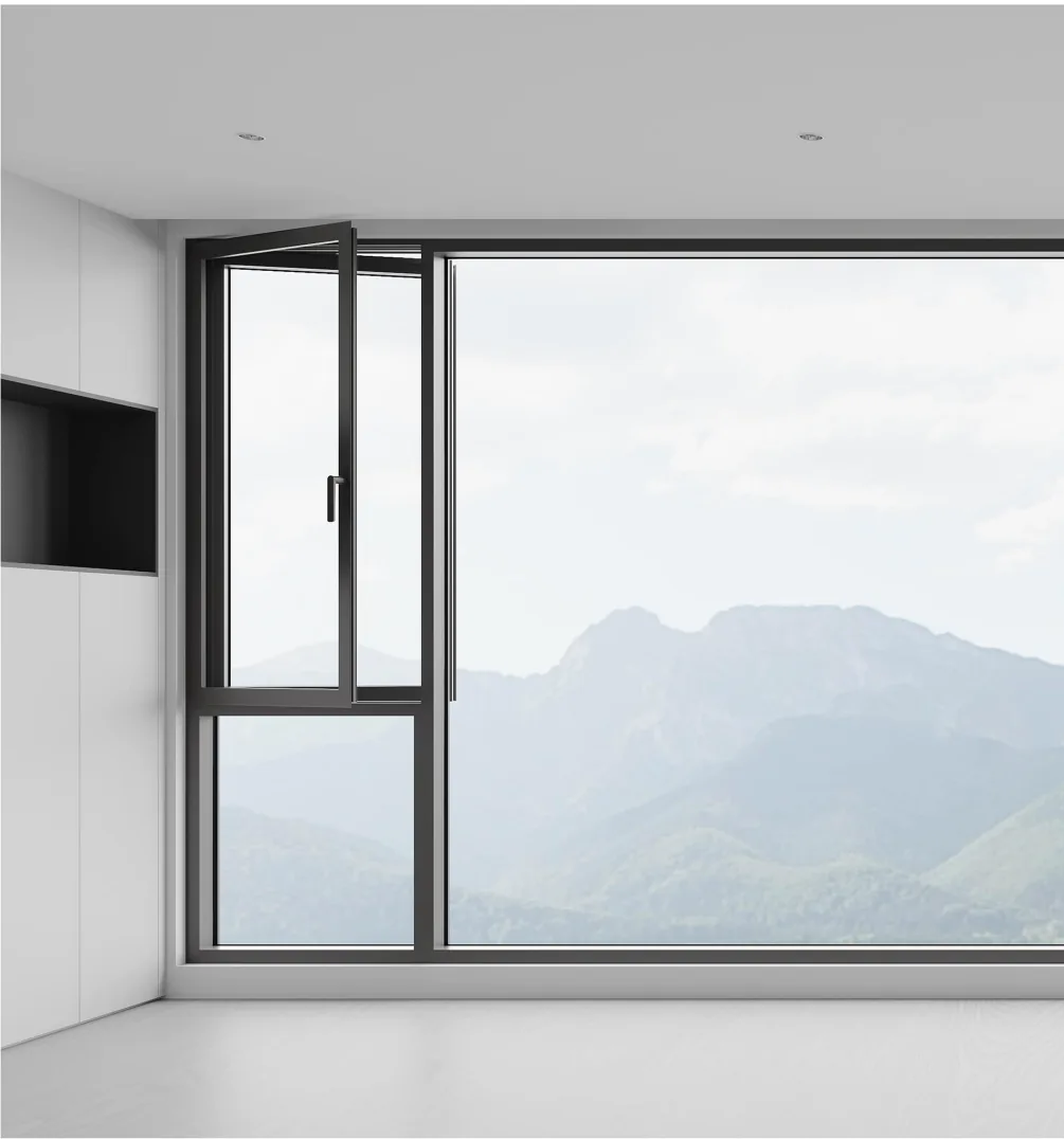 uPVC tilt-turn window with a mountain view
