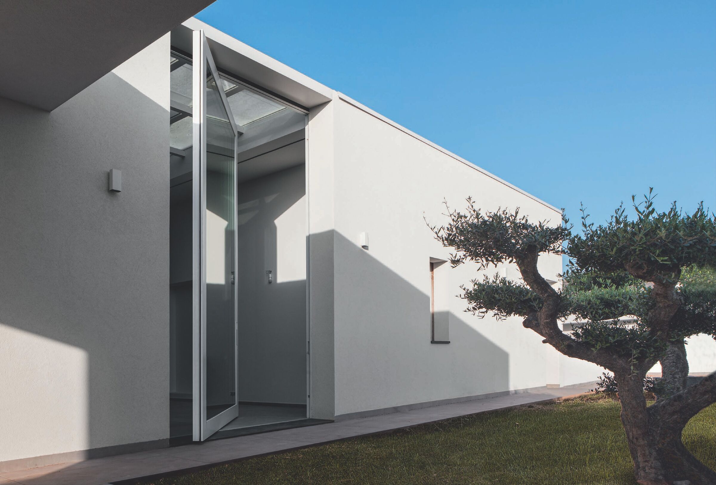 Fully glazed European-style pivot entrance door on a white modern house