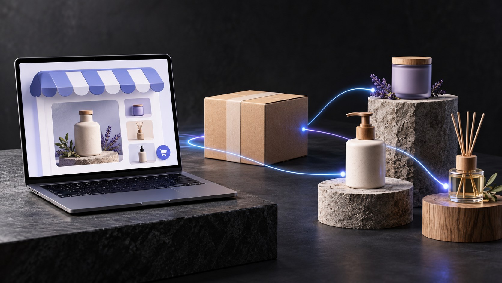 Editorial illustration of a storefront and connected product destinations