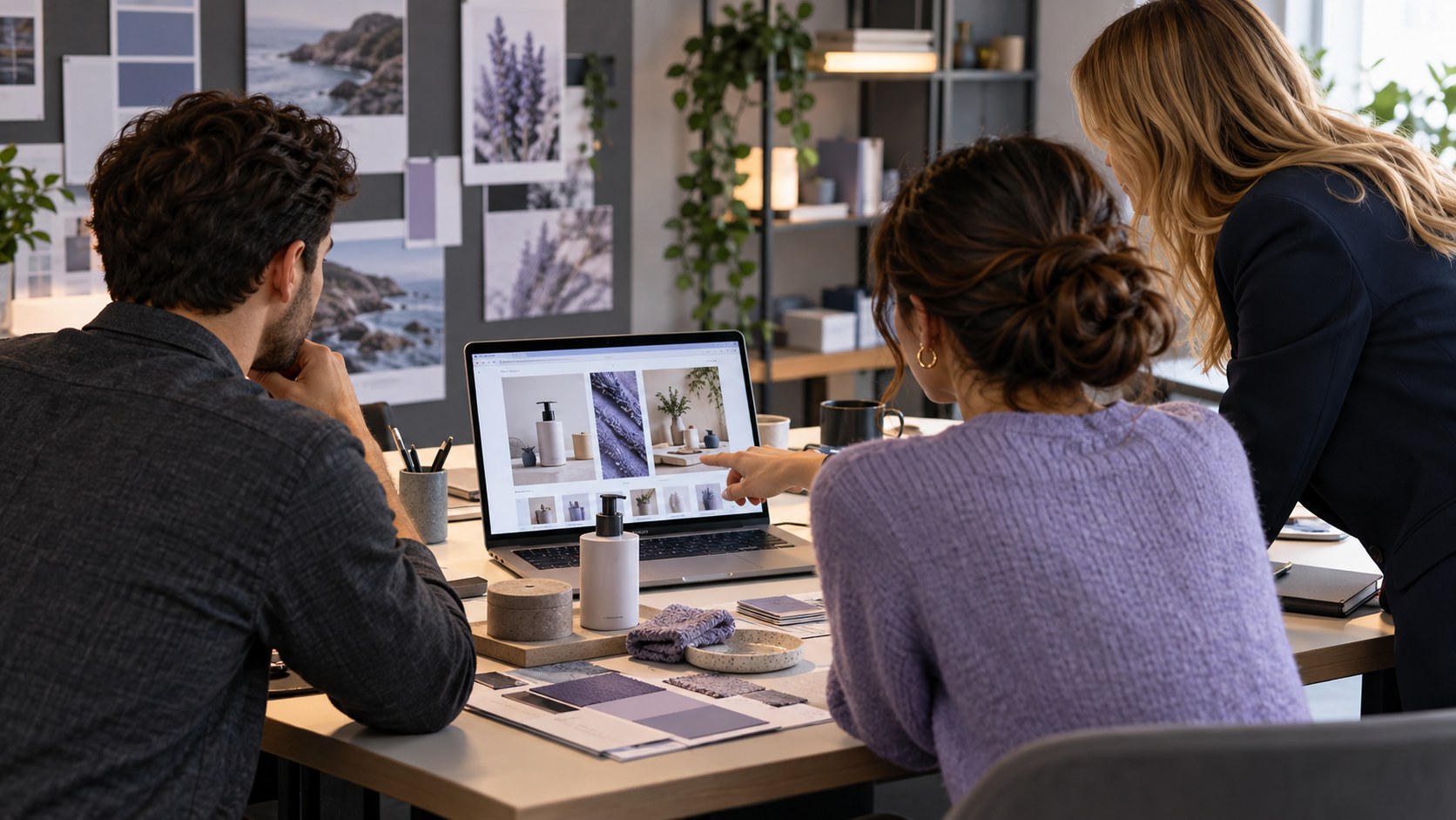 Editorial illustration of people reviewing products and an online operation together