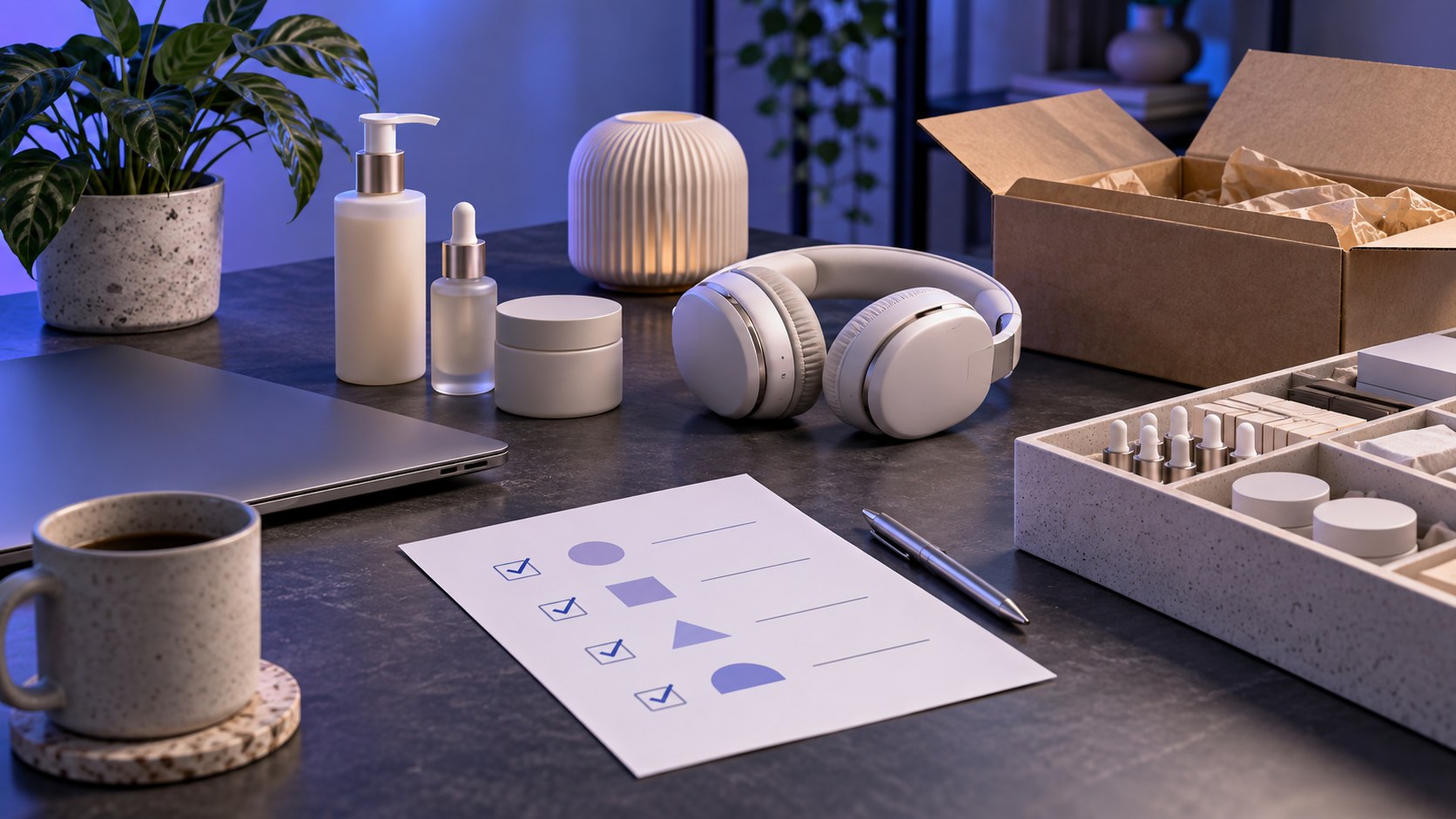 Editorial illustration of product samples, a shipping box and a readiness checklist