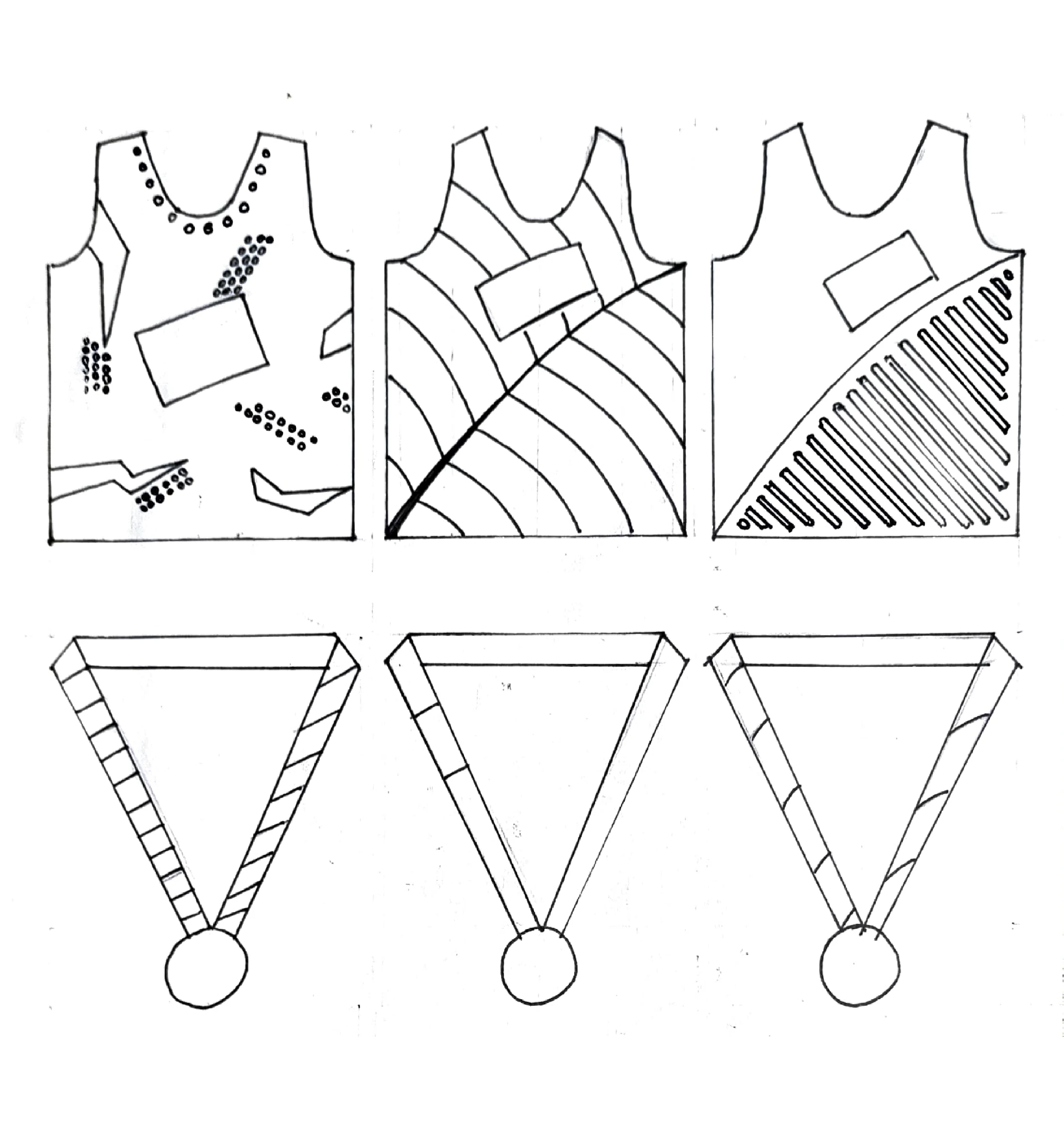 Pencil sketches exploring singlet patterns and medal ribbon designs