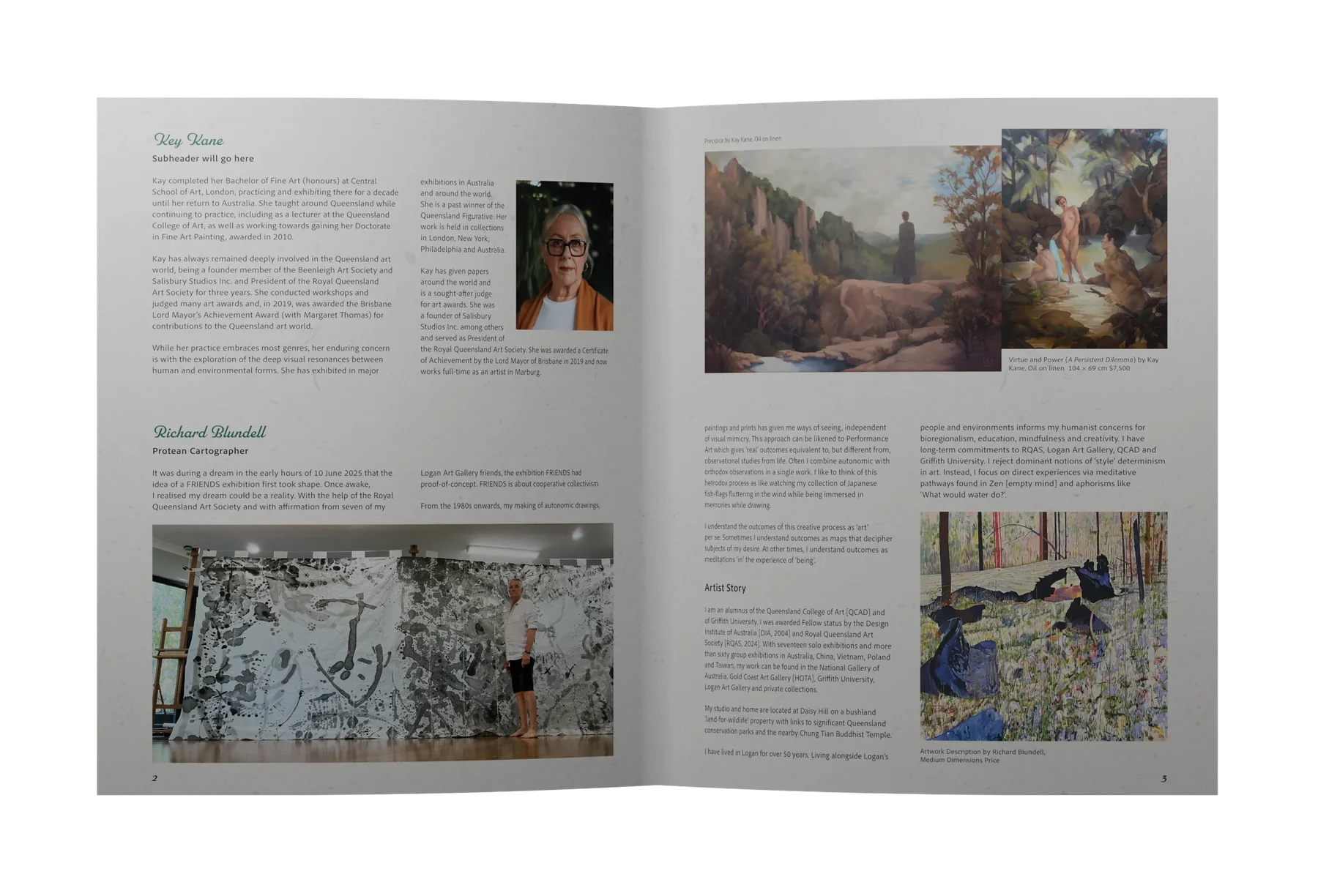 Open catalogue spread with artist profiles of Kay Kane and Richard Blundell