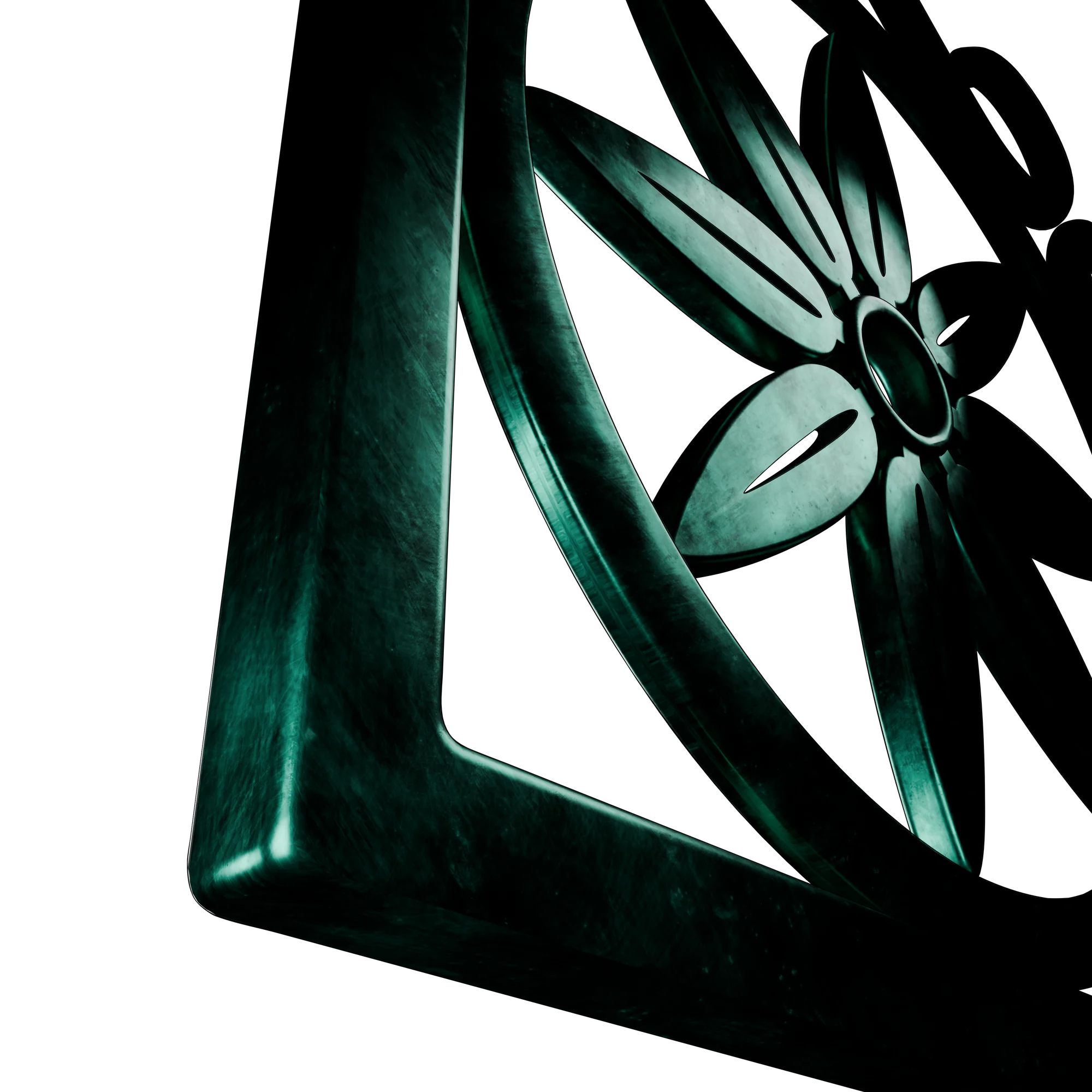 3D render of the RQAS lacework ornament in dark teal metal