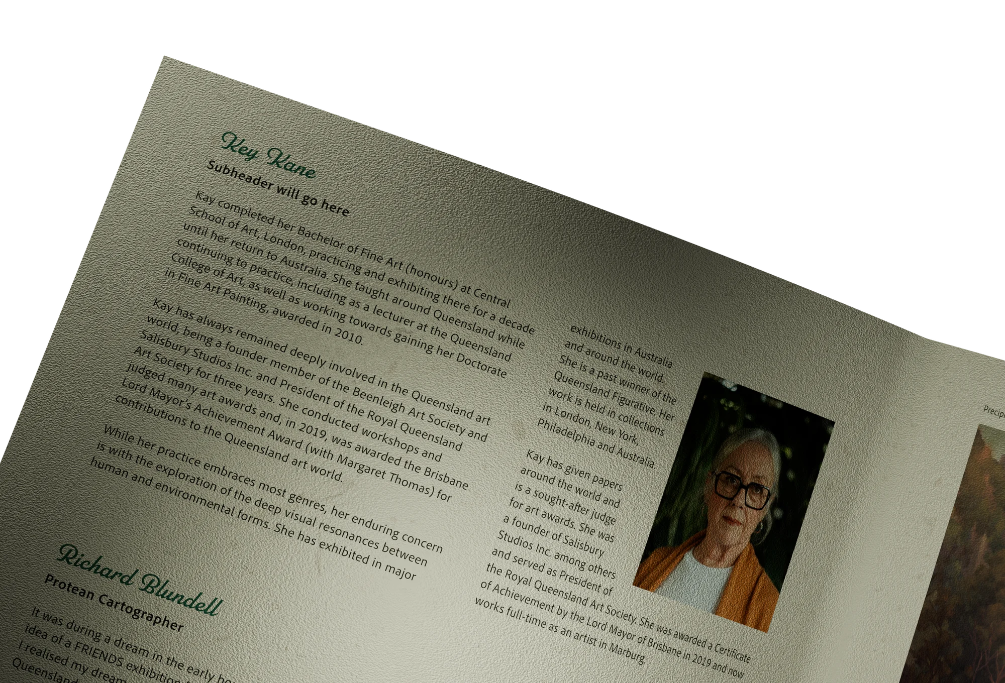 Close-up of an artist profile spread with a portrait of Kay Kane