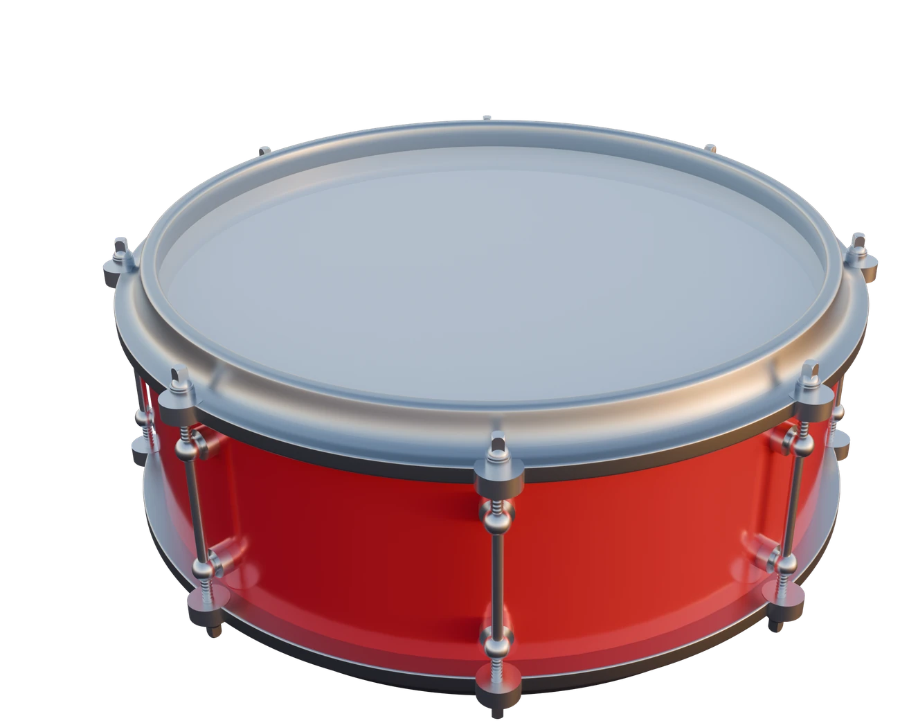 Red snare drum with two crossed wooden drumsticks resting on top