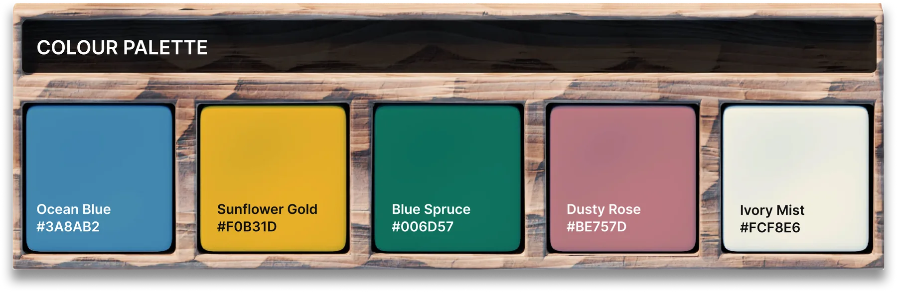 Colour palette: Ocean Blue #3A8AB2, Sunflower Gold #F0B31D, Blue Spruce #006D57, Dusty Rose #BE757D, Ivory Mist #FCF8E6