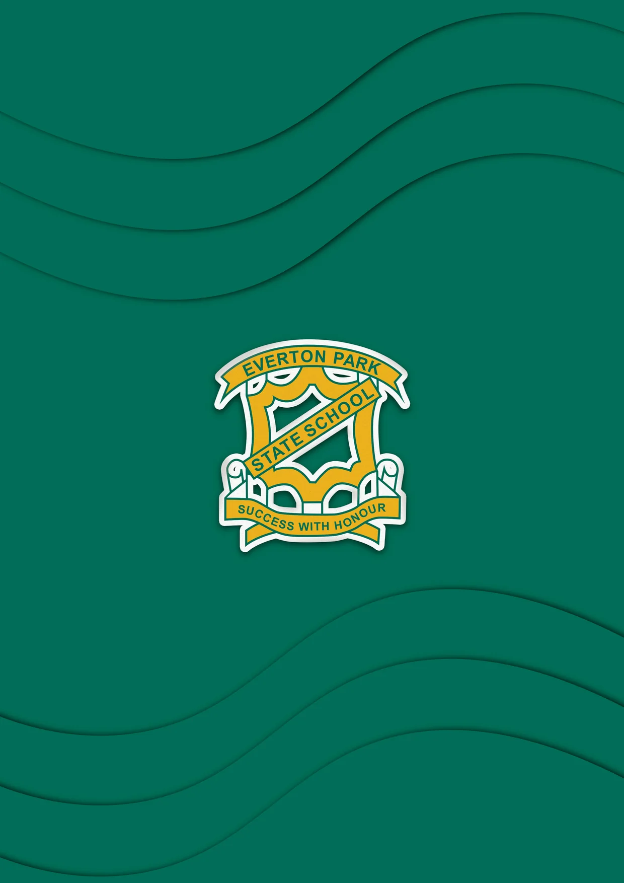 Green back cover with the school crest