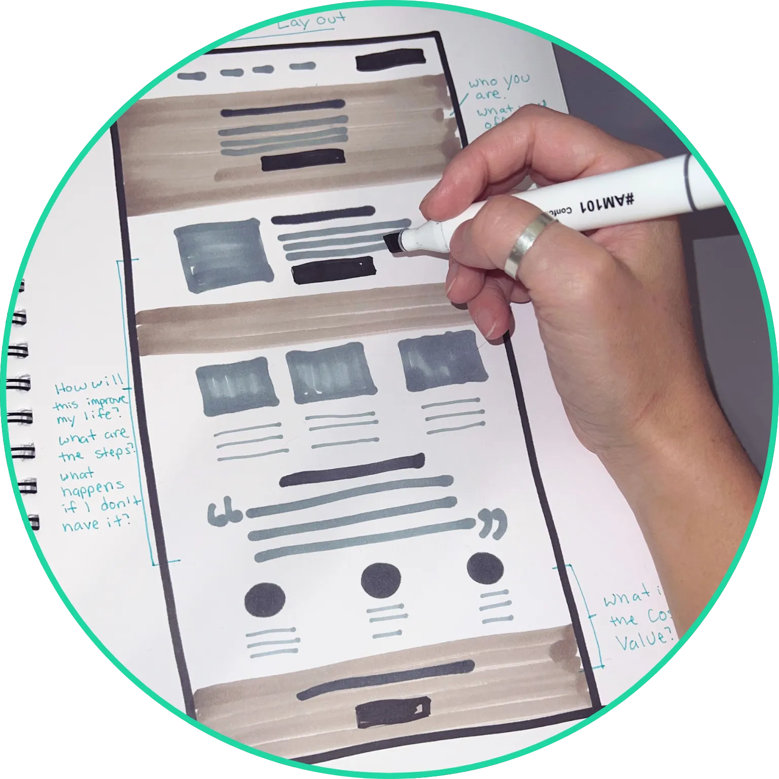 Jessie sketching website wireframes