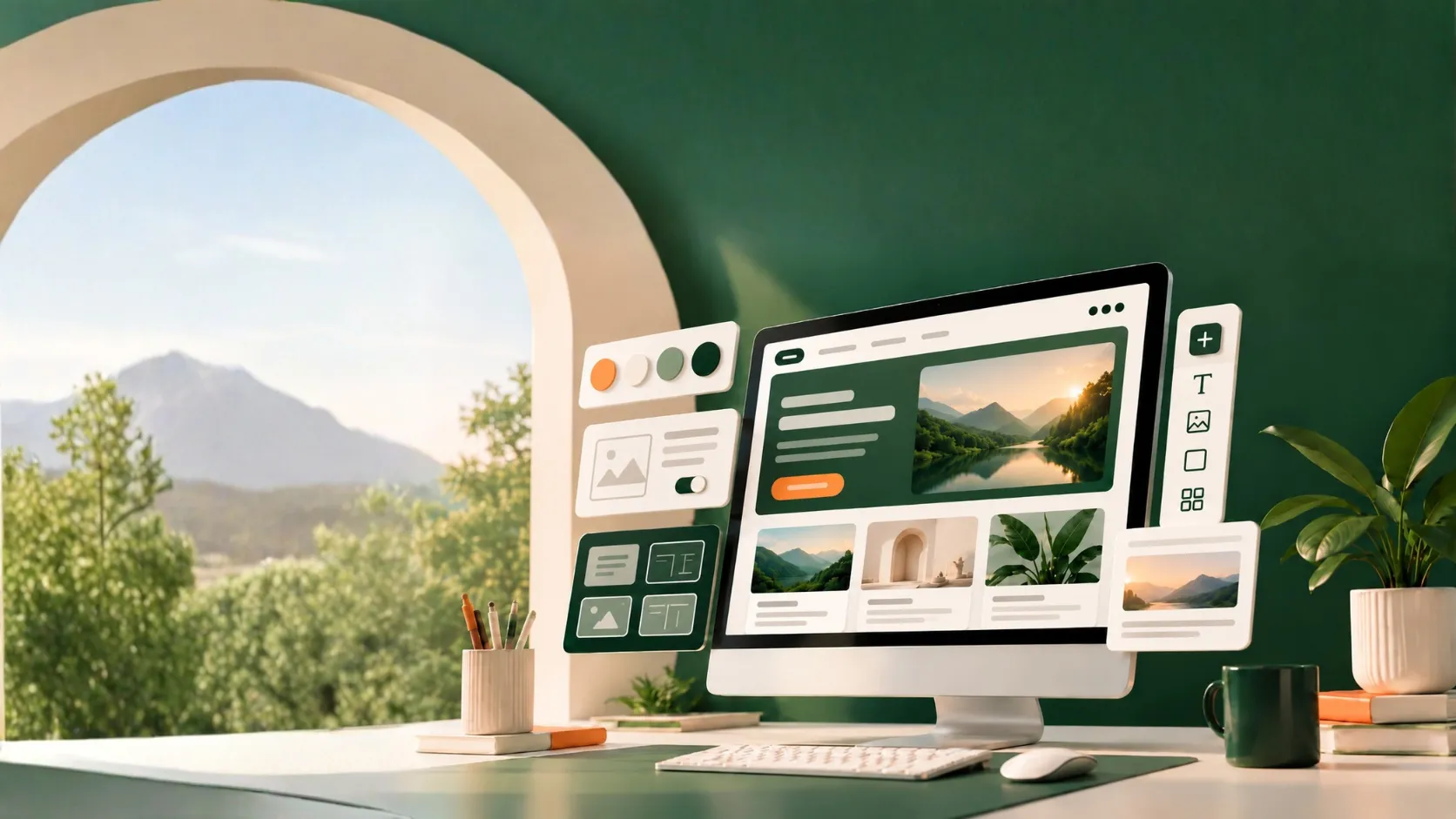 Desk with a monitor showing a website design, beside an arched window