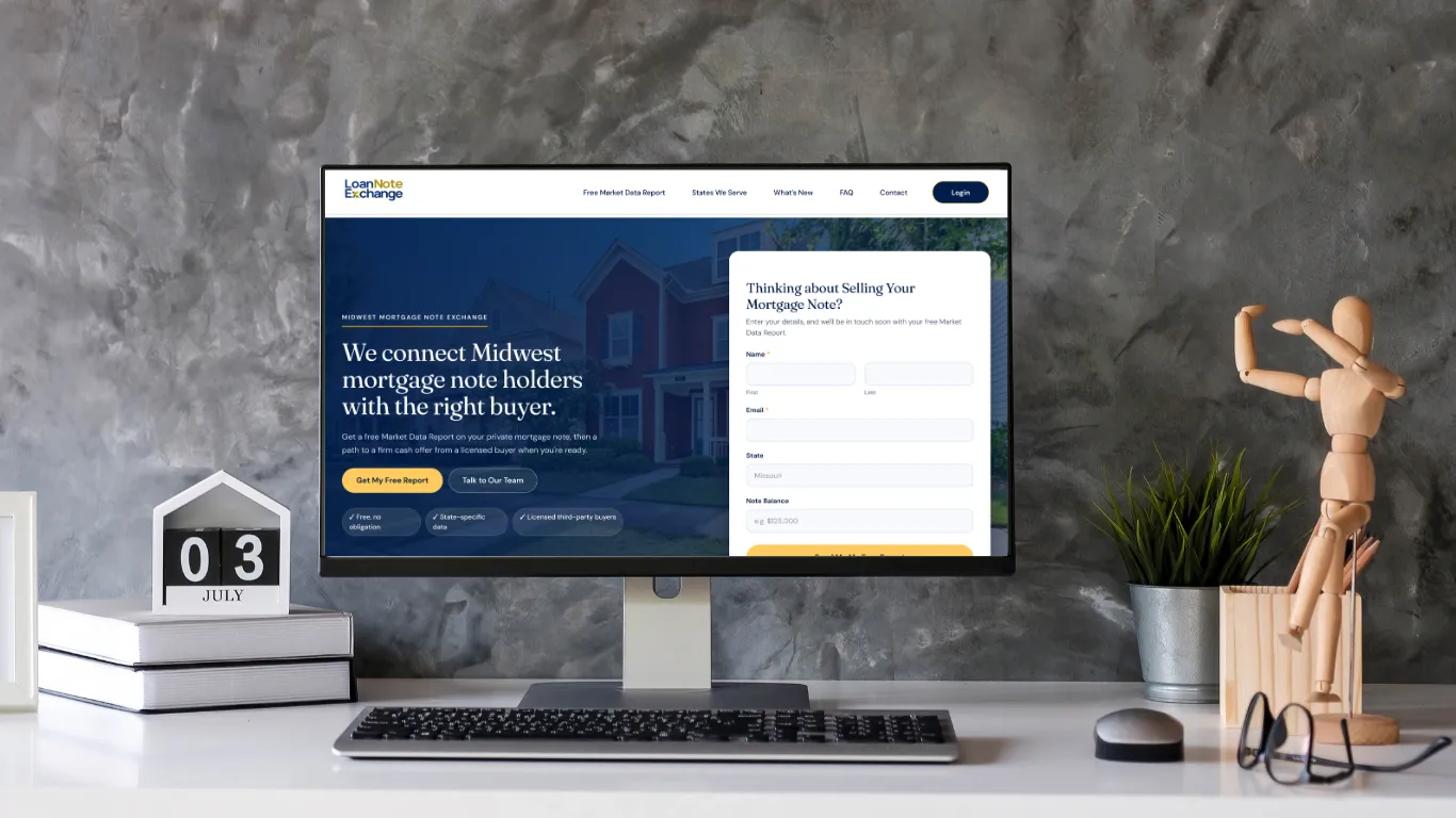 Loan Note Exchange website on a desktop monitor