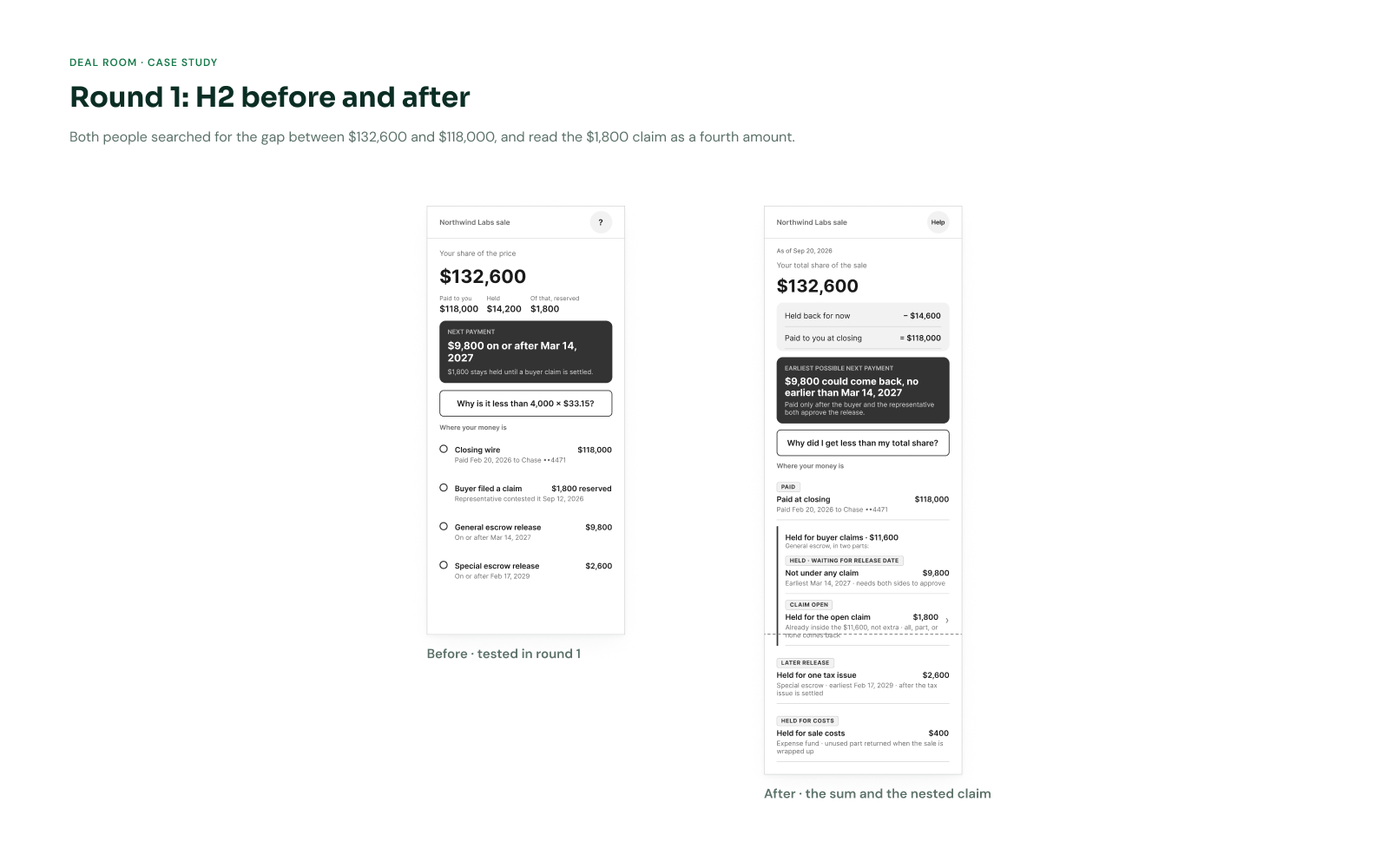 Status home wireframe before and after round 1, showing the payout as a sum with the claim nested inside