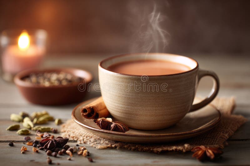 Steaming cup of masala chai with cinnamon and star anise on a saucer and spices on a wooden surface.