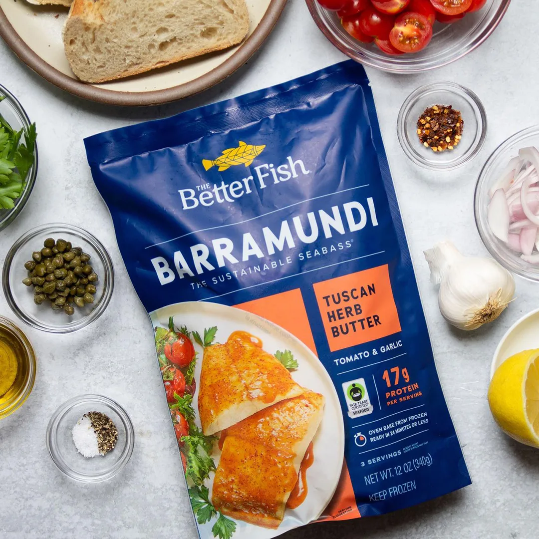 A package of The Better Fish Tuscan herb butter barramundi styled with capers, lemon and garlic