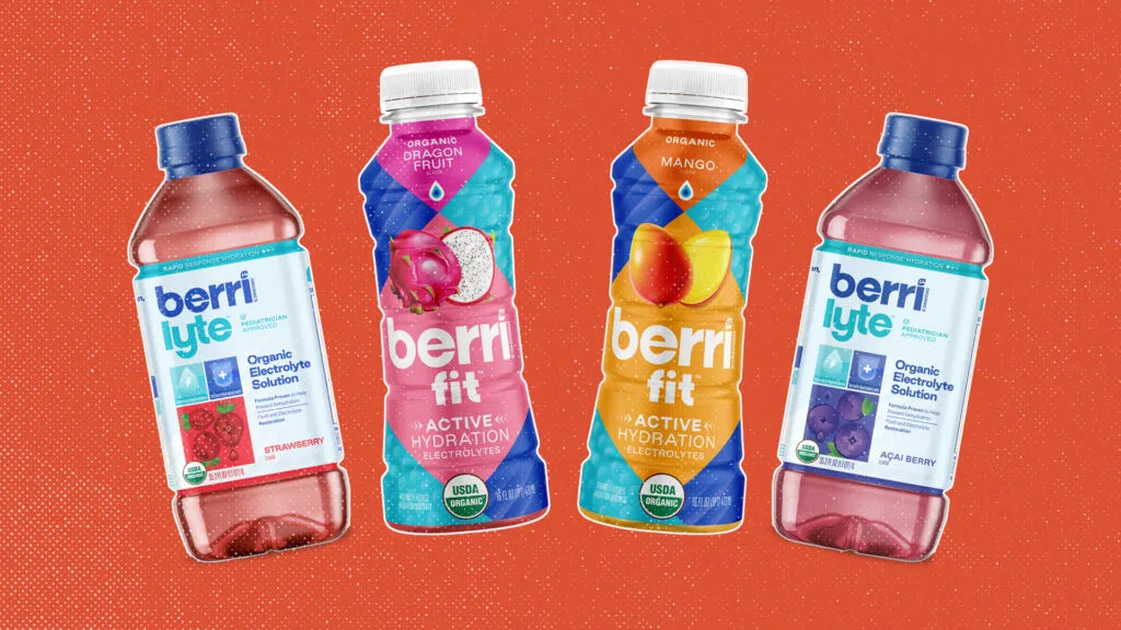 Four Berri Organics bottles, two Berri Lyte electrolyte solutions and two Berri Fit active hydration drinks, against an orange background