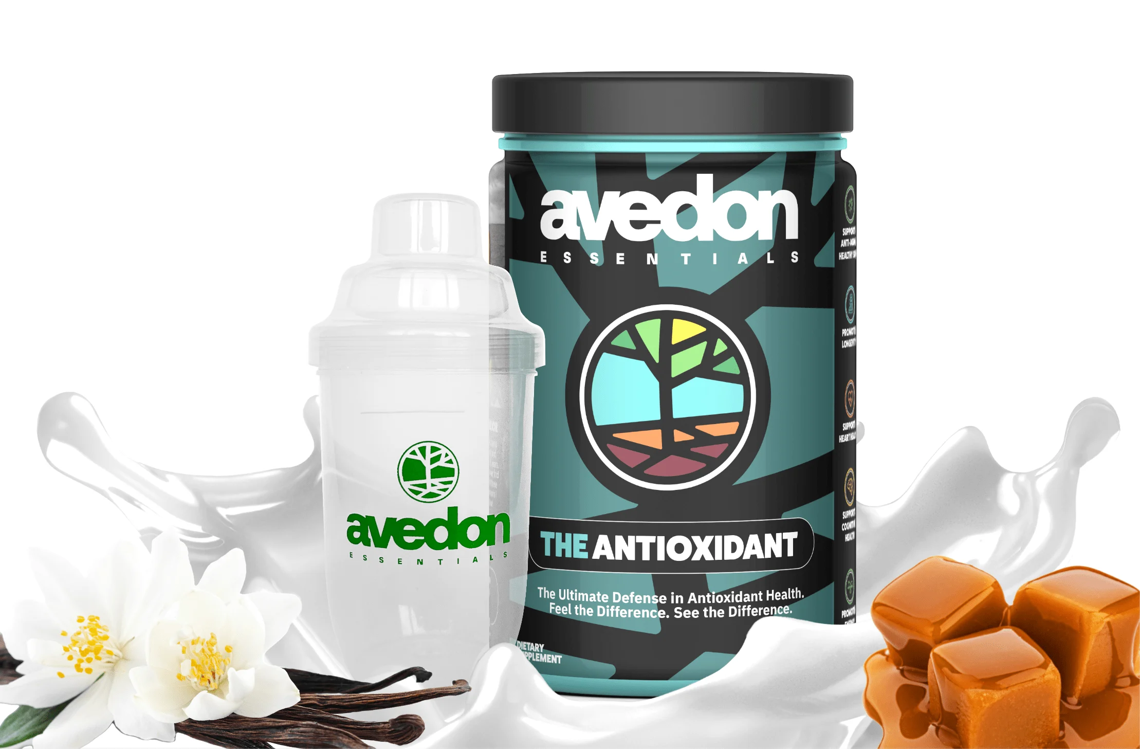A tub of Avedon Essentials The Antioxidant with a shaker cup, a milk splash, vanilla flowers and caramel pieces