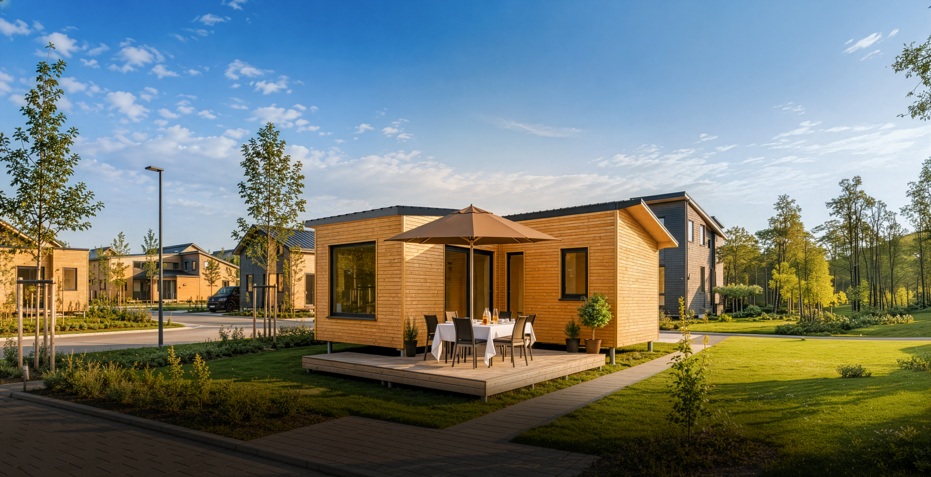 Tiny House aus Holz mit Terrasse in Wohnsiedlung