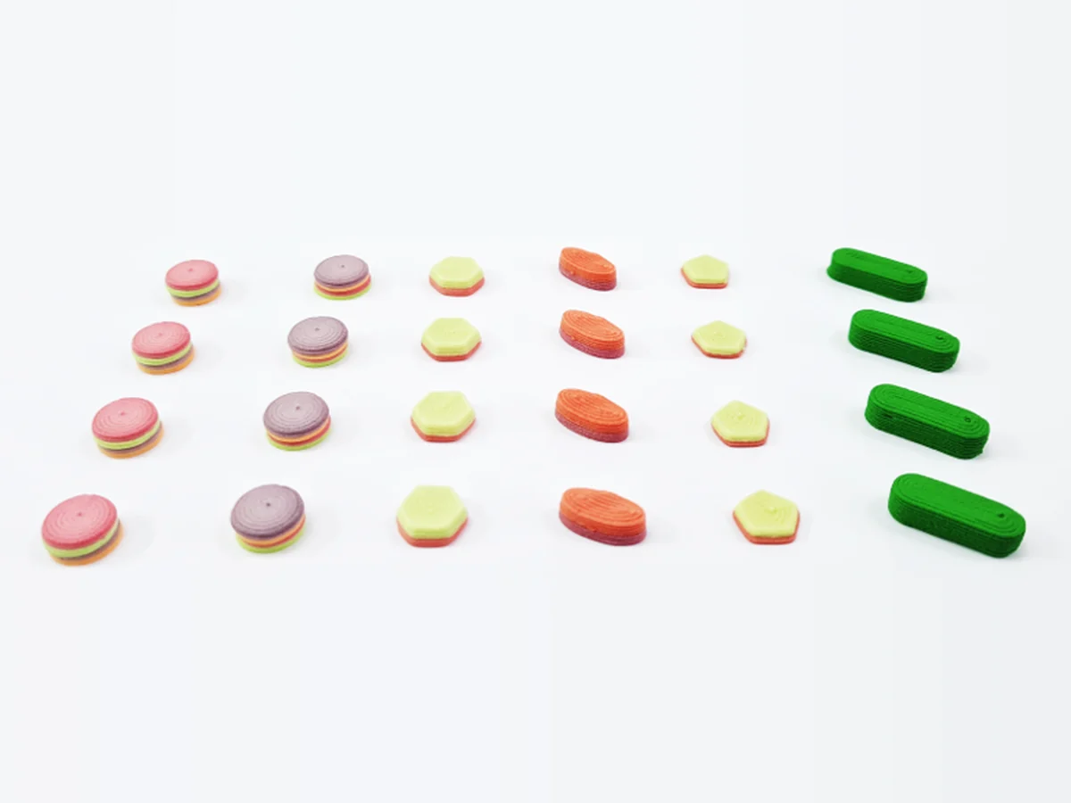 CraftTab assorted 3D-printed tablets in rows of different shapes, colours and layers