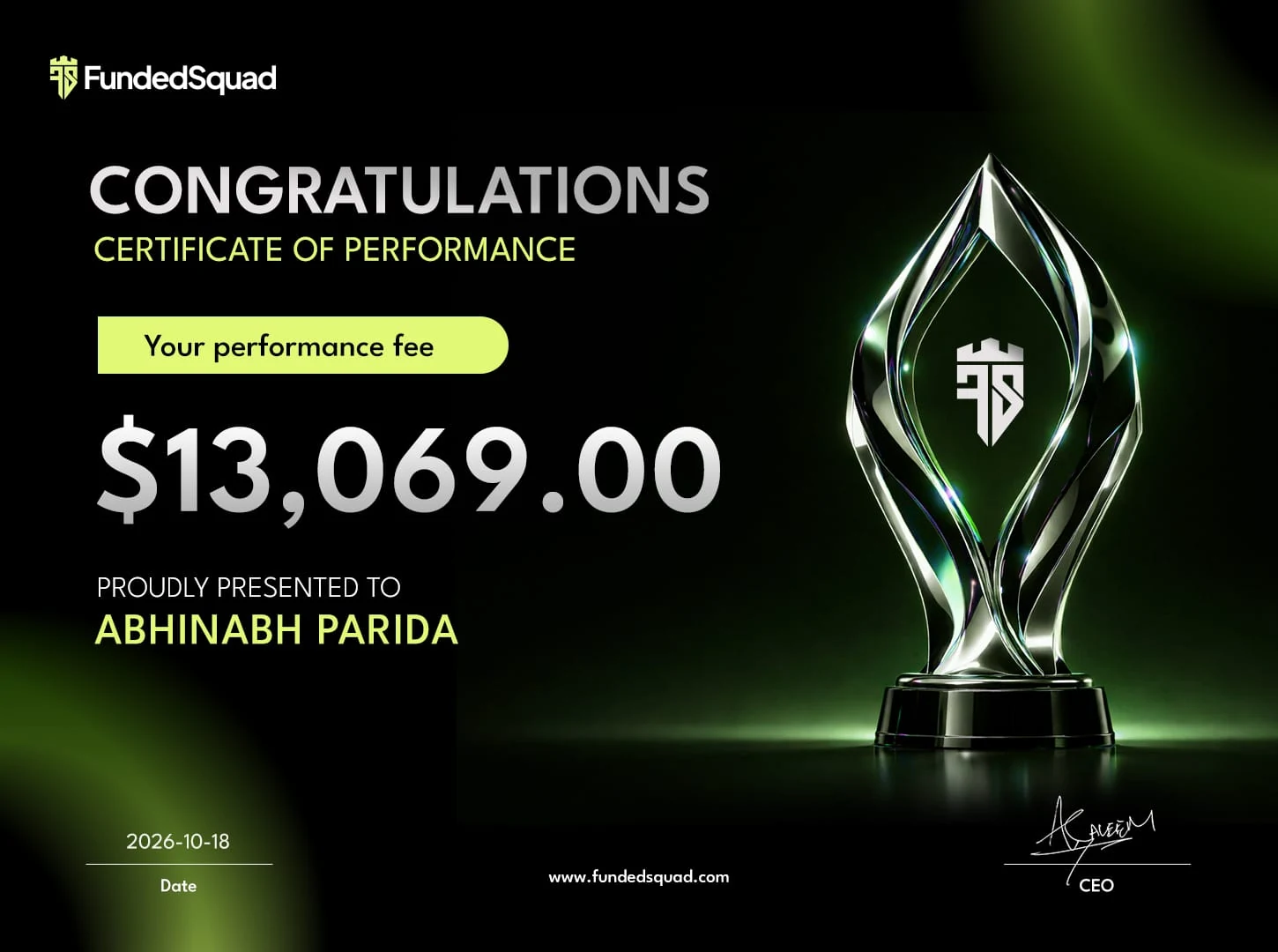 FundedSquad reward certificate