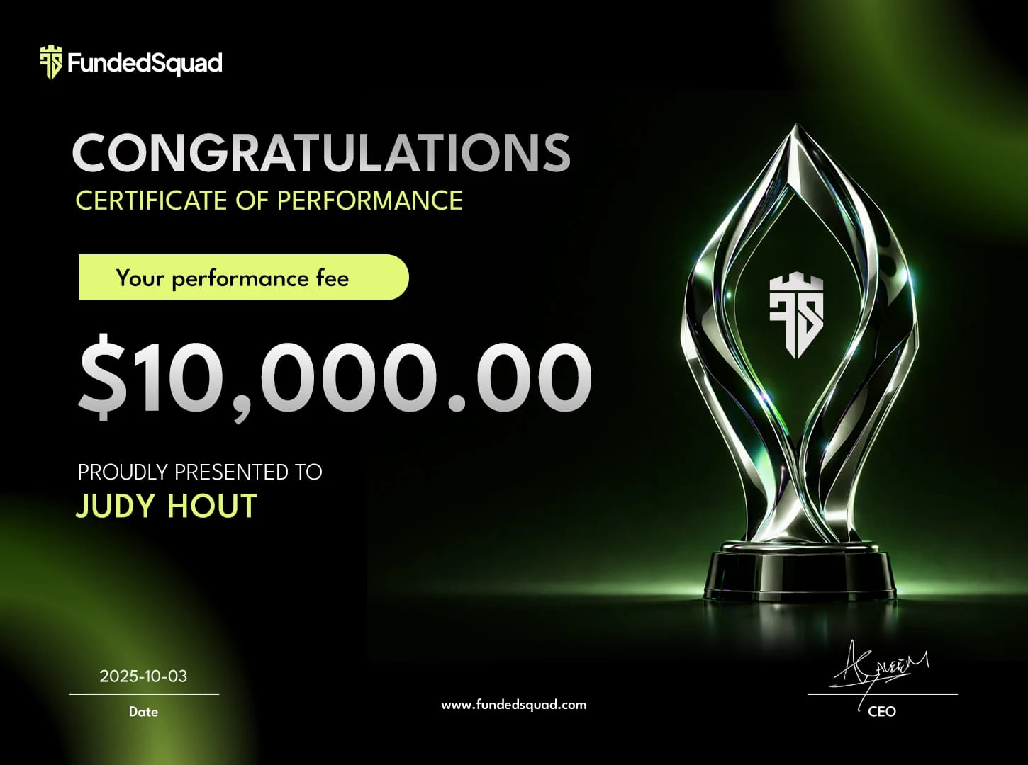 FundedSquad reward certificate