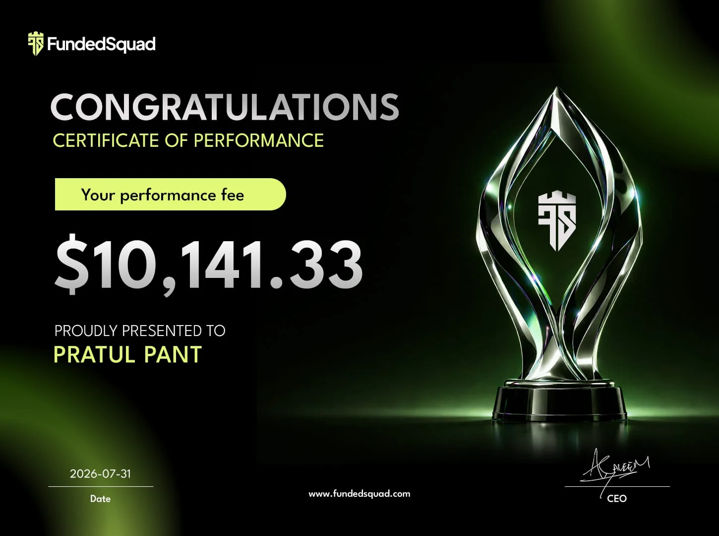 FundedSquad reward certificate