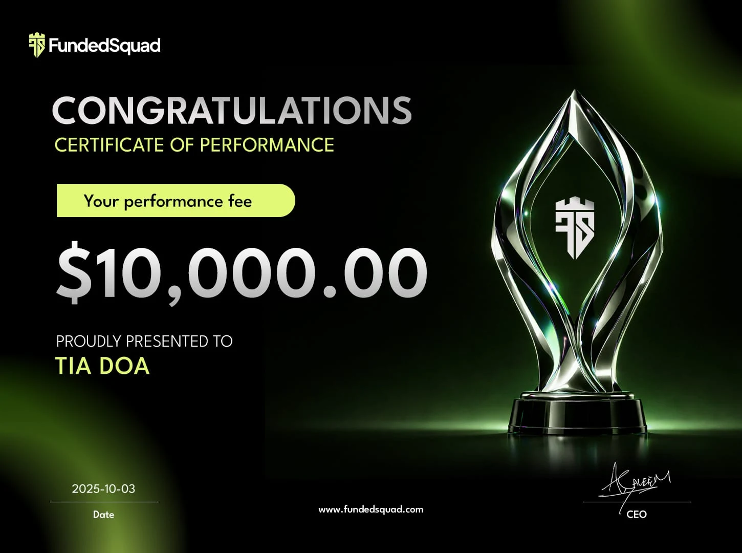 FundedSquad reward certificate