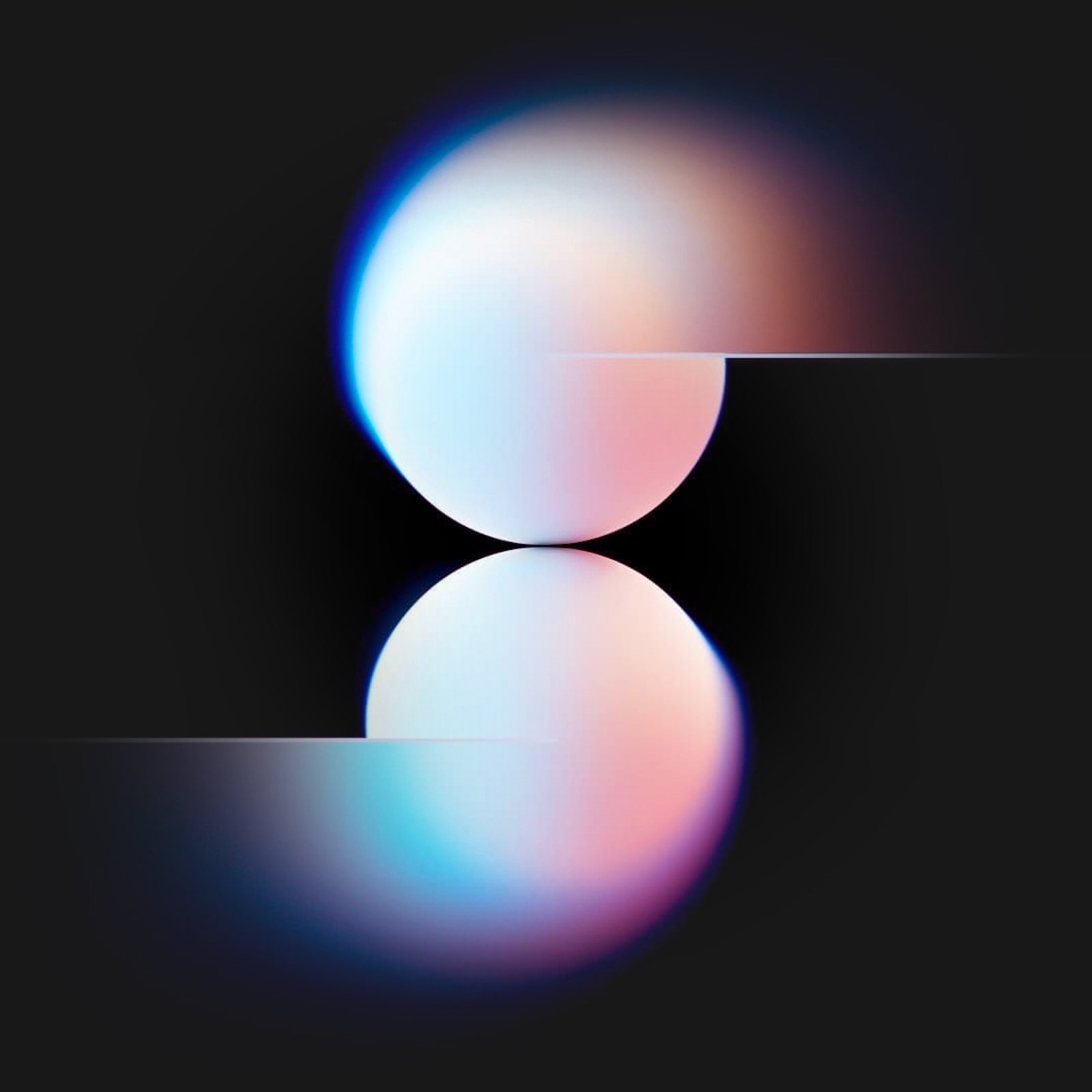 Two softly lit pastel spheres stacked and split by horizontal lines on a dark background