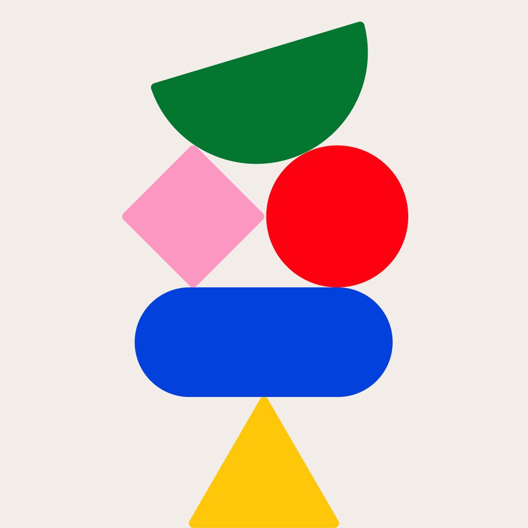 Stacked flat shapes: green half-circle, pink diamond, red circle, blue pill and yellow triangle