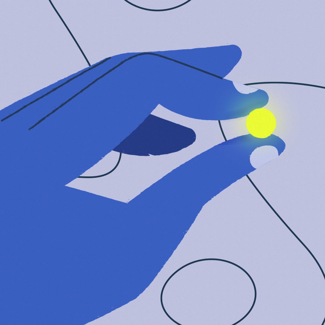 Illustrated blue hand pinching a glowing yellow dot against a lavender background with thin curves