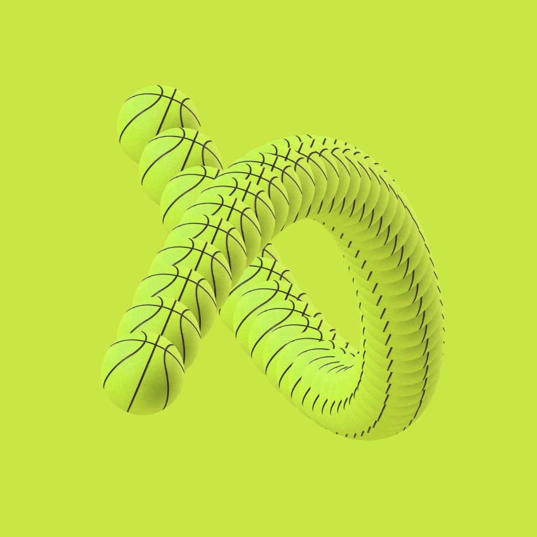 Repeated green basketballs forming a looping 3D trail on a lime background