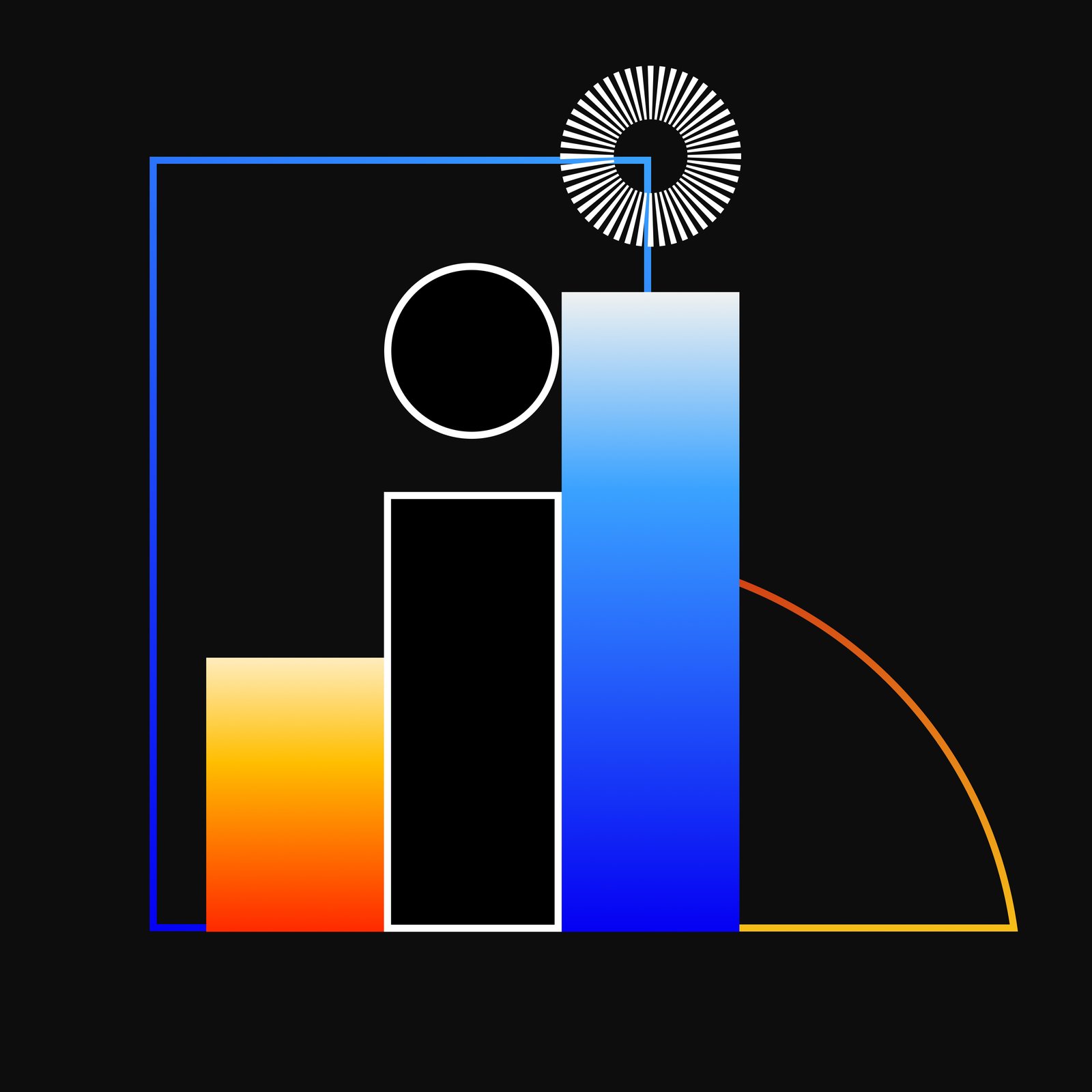 Gradient bar chart forming a lowercase i, with a white circle, sunburst and orange arc on black