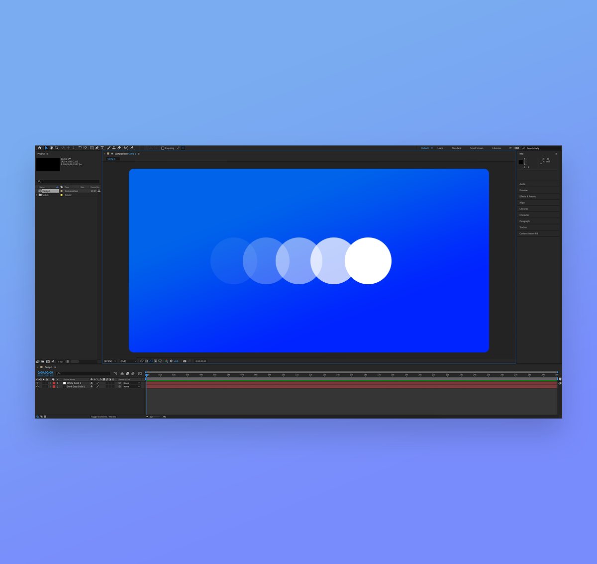 Motion-editing software window showing a row of fading white circles on a blue canvas
