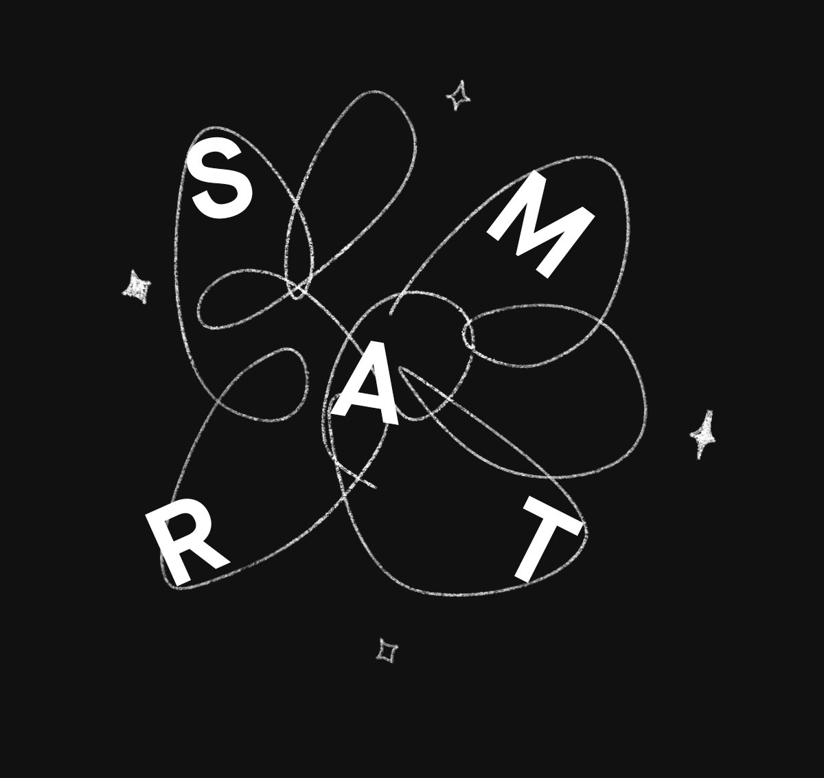 The letters S, M, A, R and T scattered over hand-drawn looping chalk lines and sparkles on black