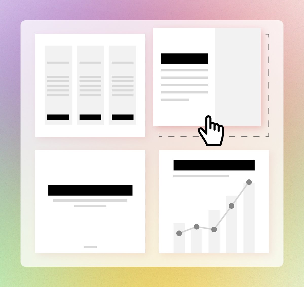 Four wireframe slide layouts, one being dragged by a hand cursor, on a pastel gradient
