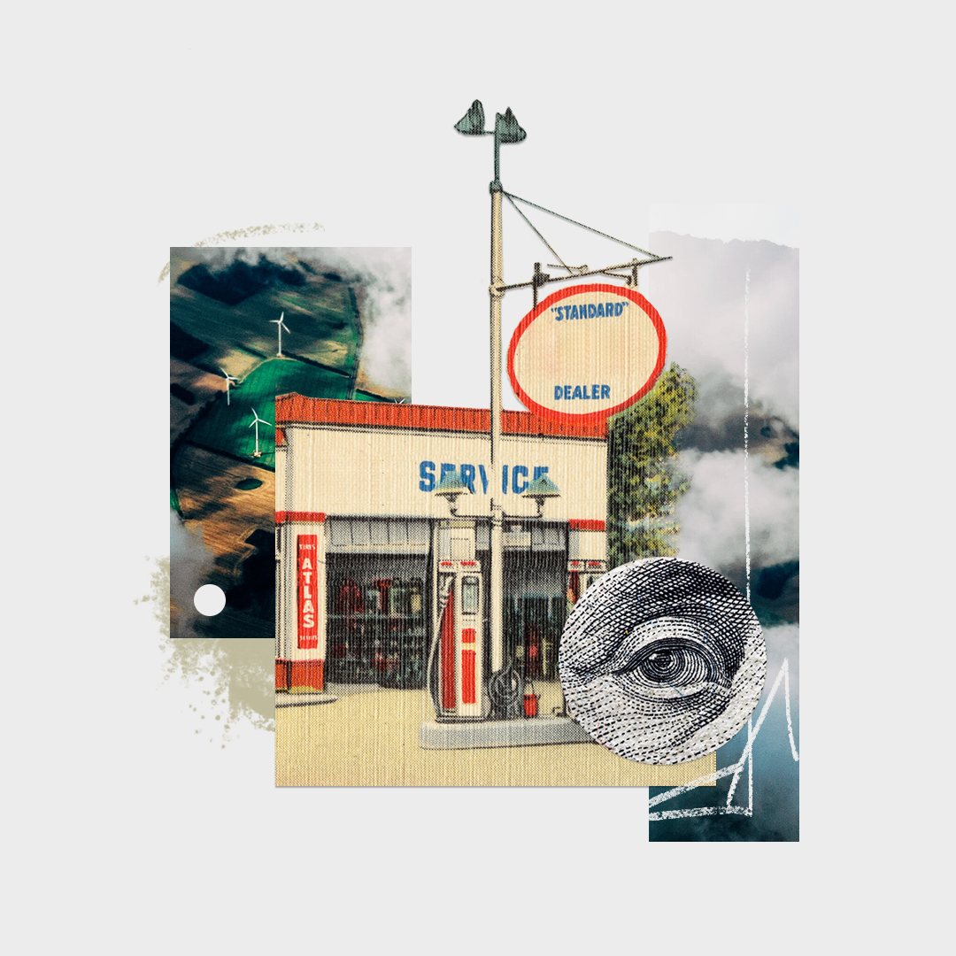 Collage of a vintage gas station, wind turbines over fields, clouds and an engraved banknote eye